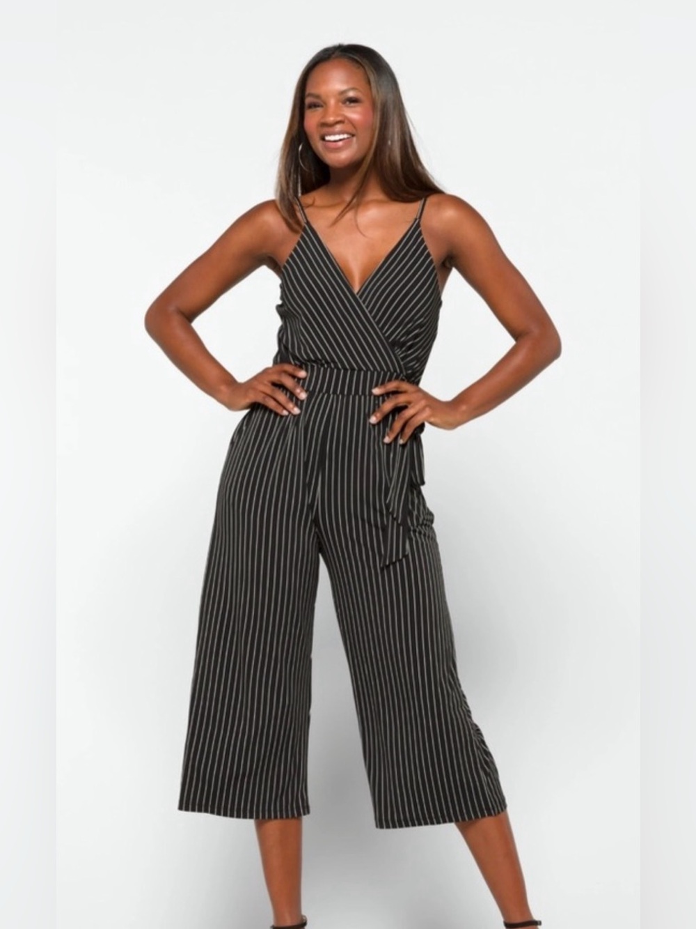 Kaileigh NEW WITHOUT TAGS Black Pinstripe Wrap Jumpsuit with Tie Waist